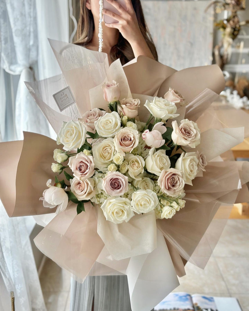 white and champagne Love flower bouquet