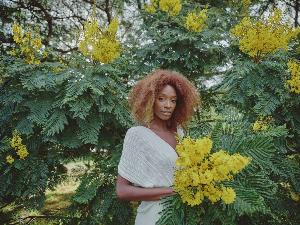 Mimosa flower meaning woman standing in bush holding yellow mimosa flowers