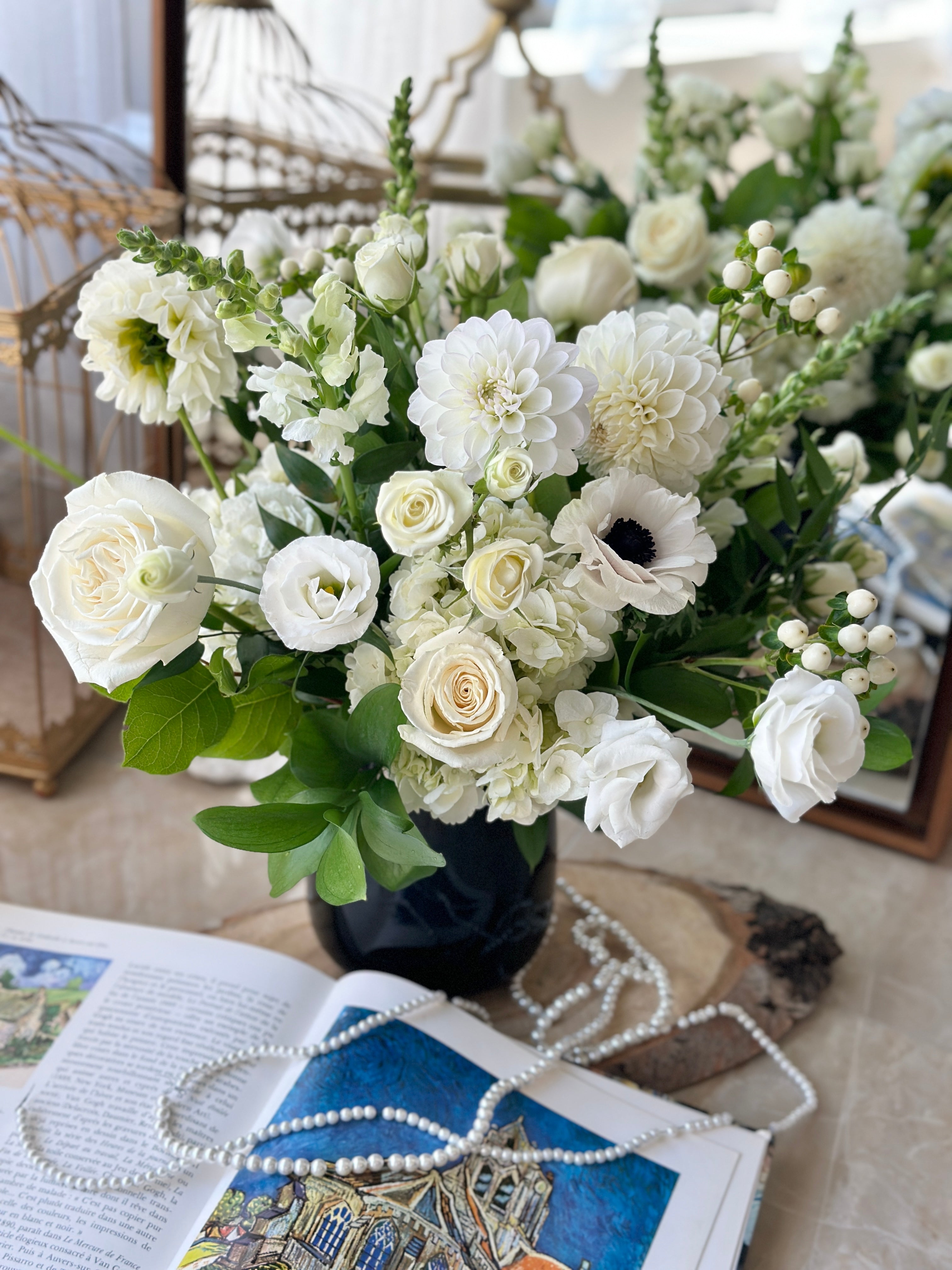 Black White Flower Arrangement Premium Clear Vase