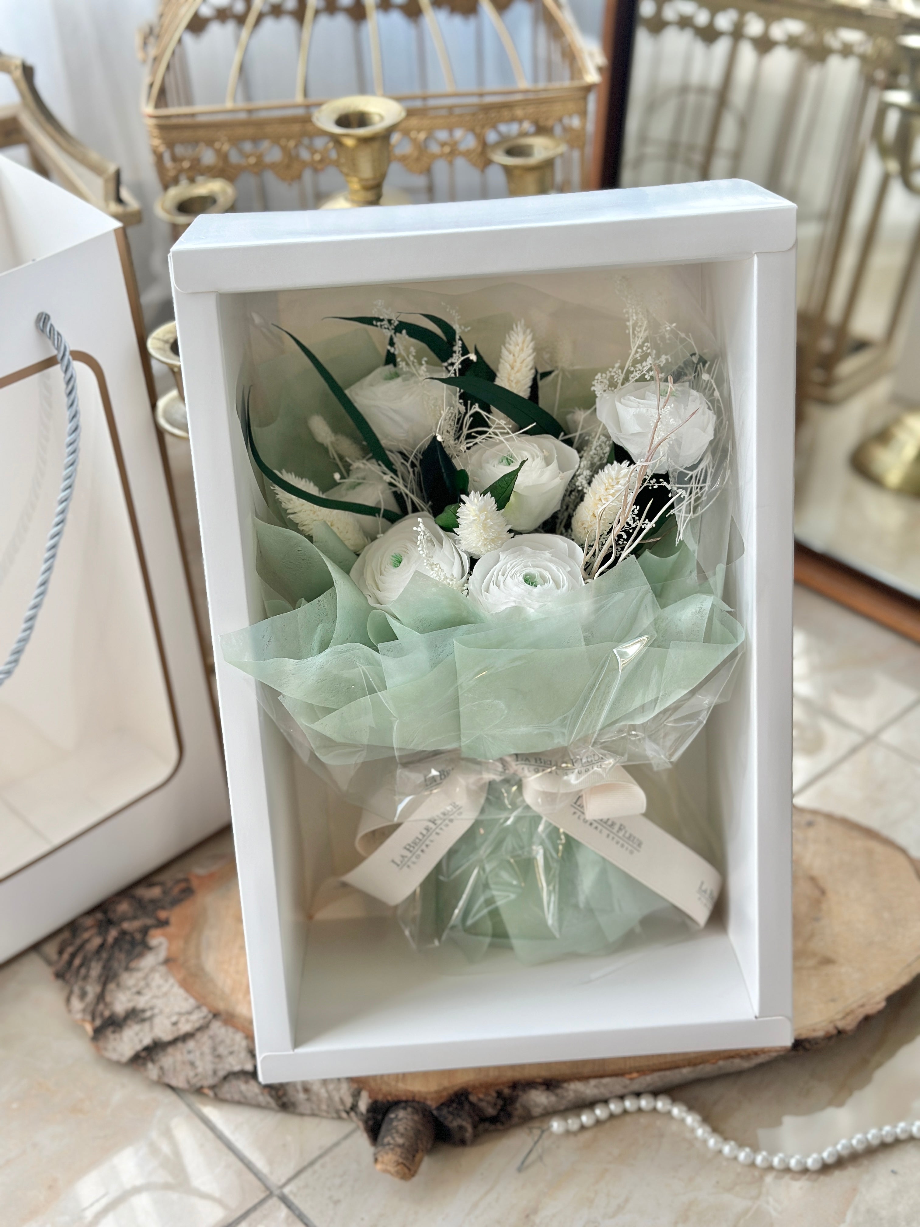 Preserved Ranunculus Preserved Ranunculus In a carrier (Pink or White)