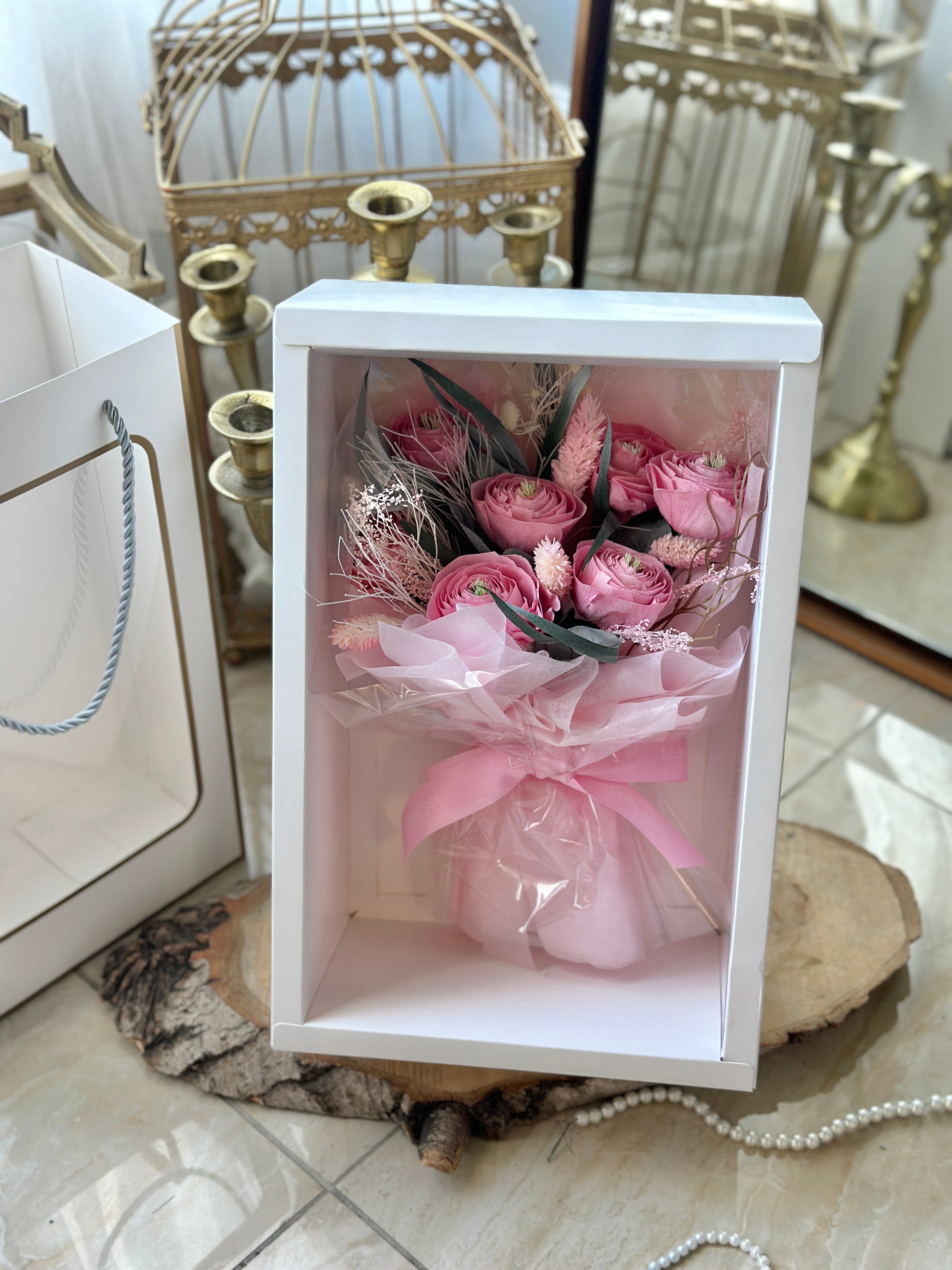 Preserved Ranunculus Preserved Ranunculus In a carrier (Pink or White)