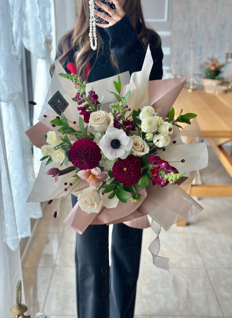 Luxury white and burgundy flower bouquet 