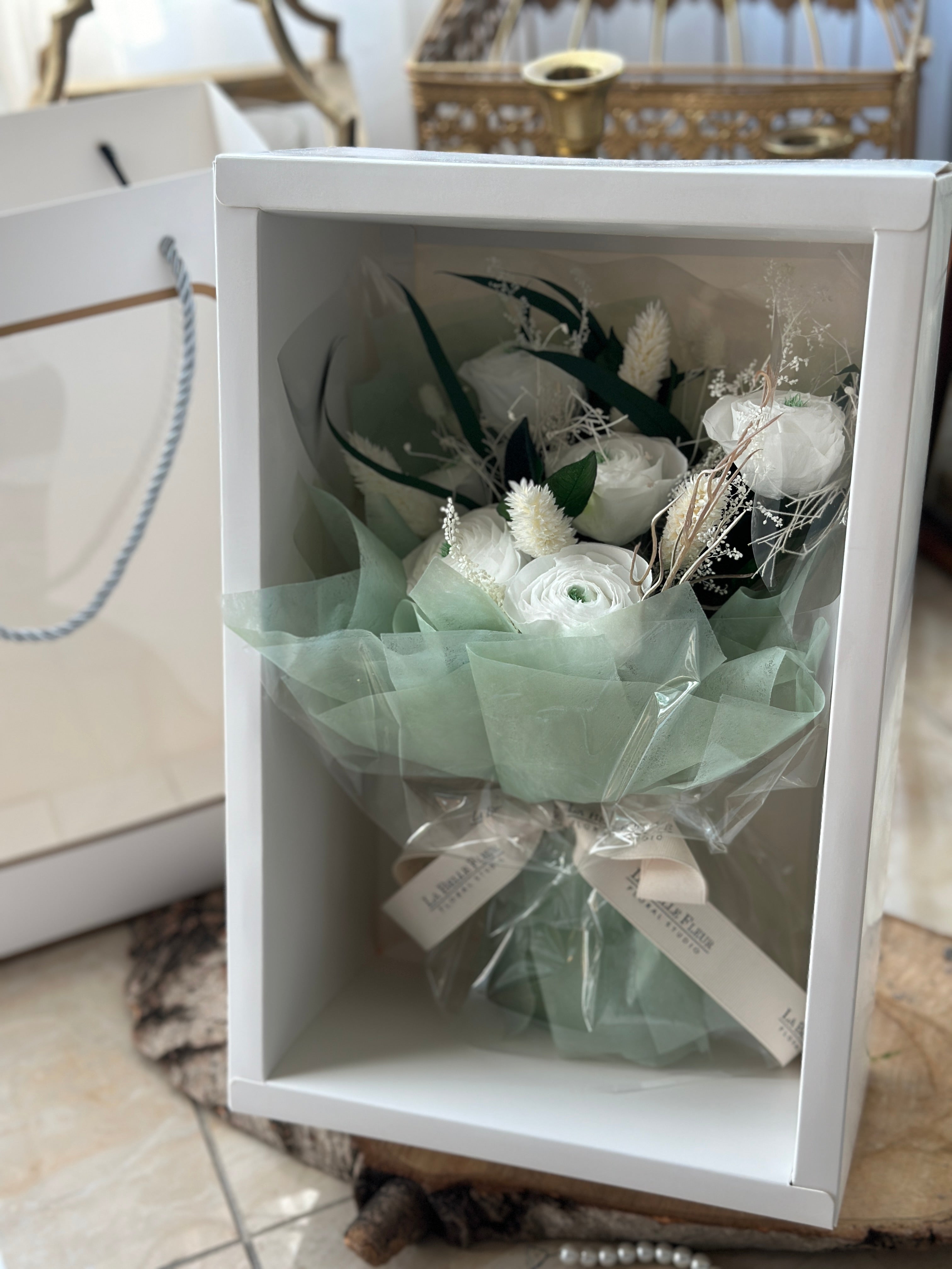 Preserved White Ranunculus Preserved Ranunculus In a carrier (Pink or White)