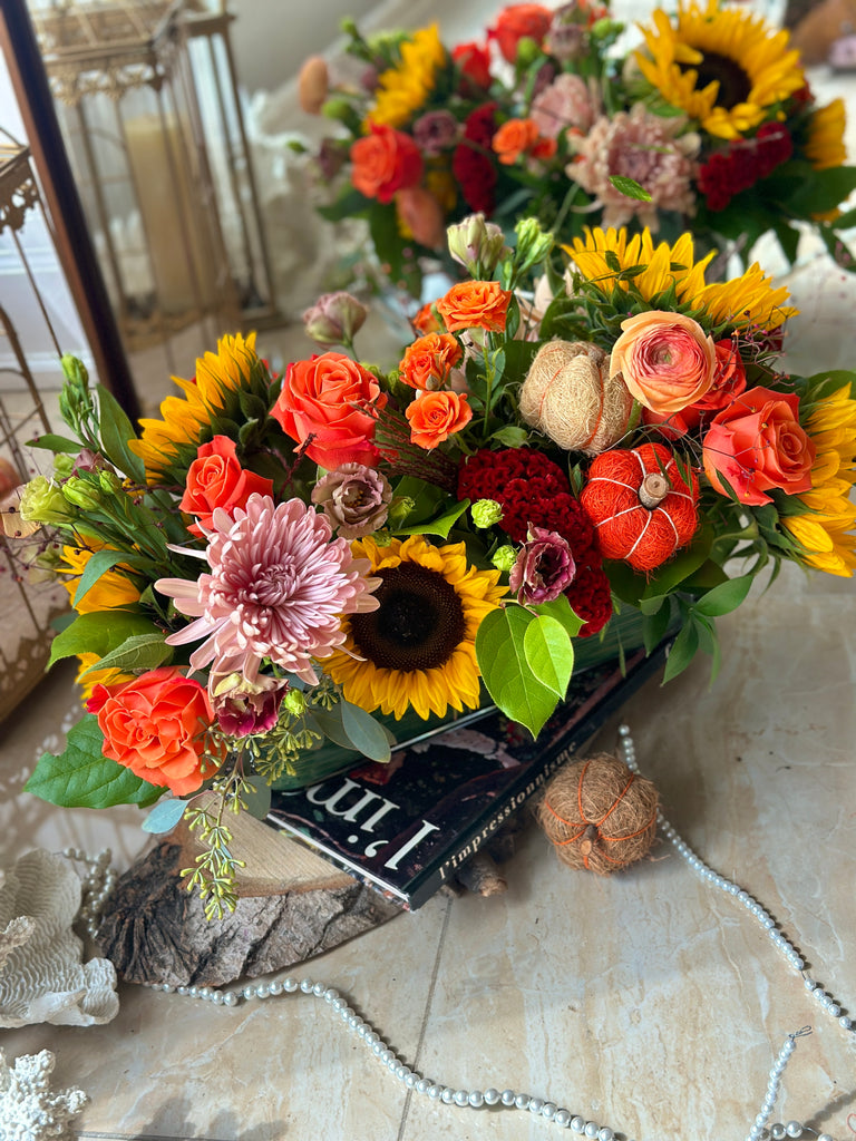 Birds eye view of the Autumn Beauty Sunflower Thanksgiving Centrepiece by La Belle Fleur