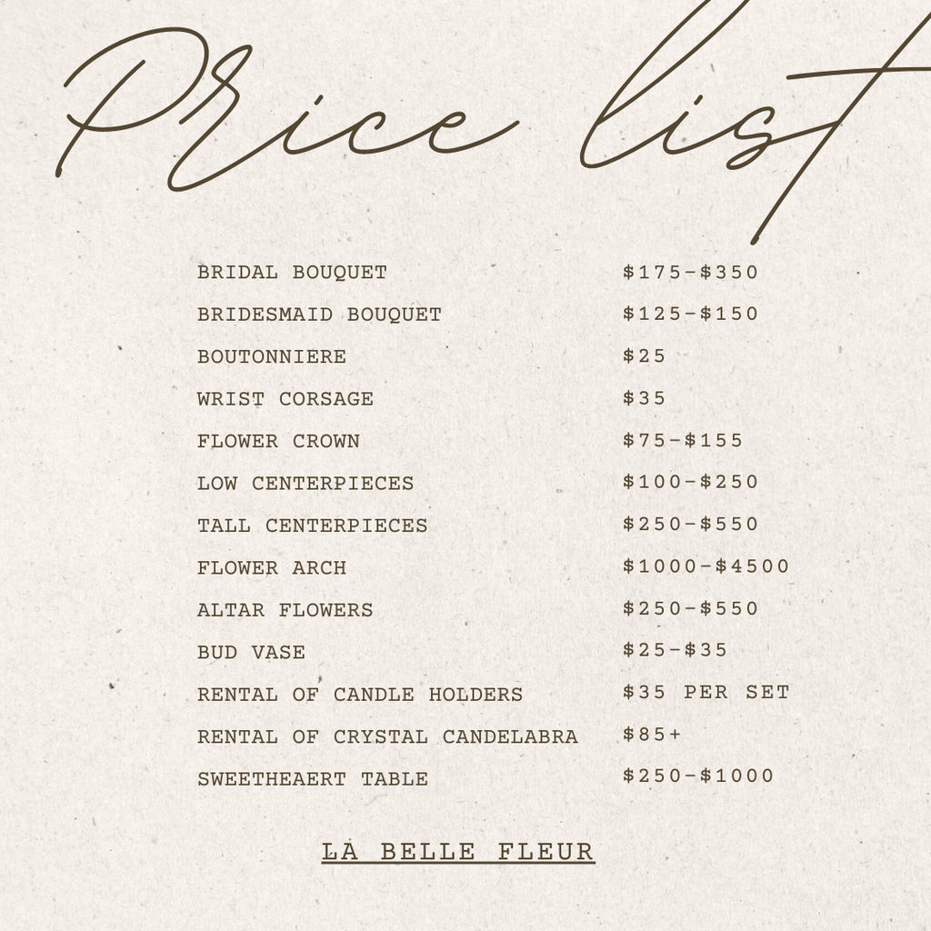 Graphic of La Belle Fleur's wedding florist price list