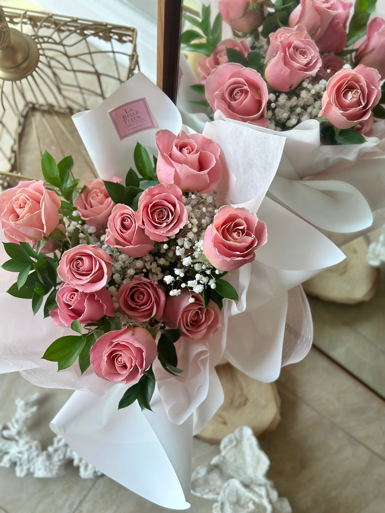 12 Pink Roses Bouquet with baby's breath