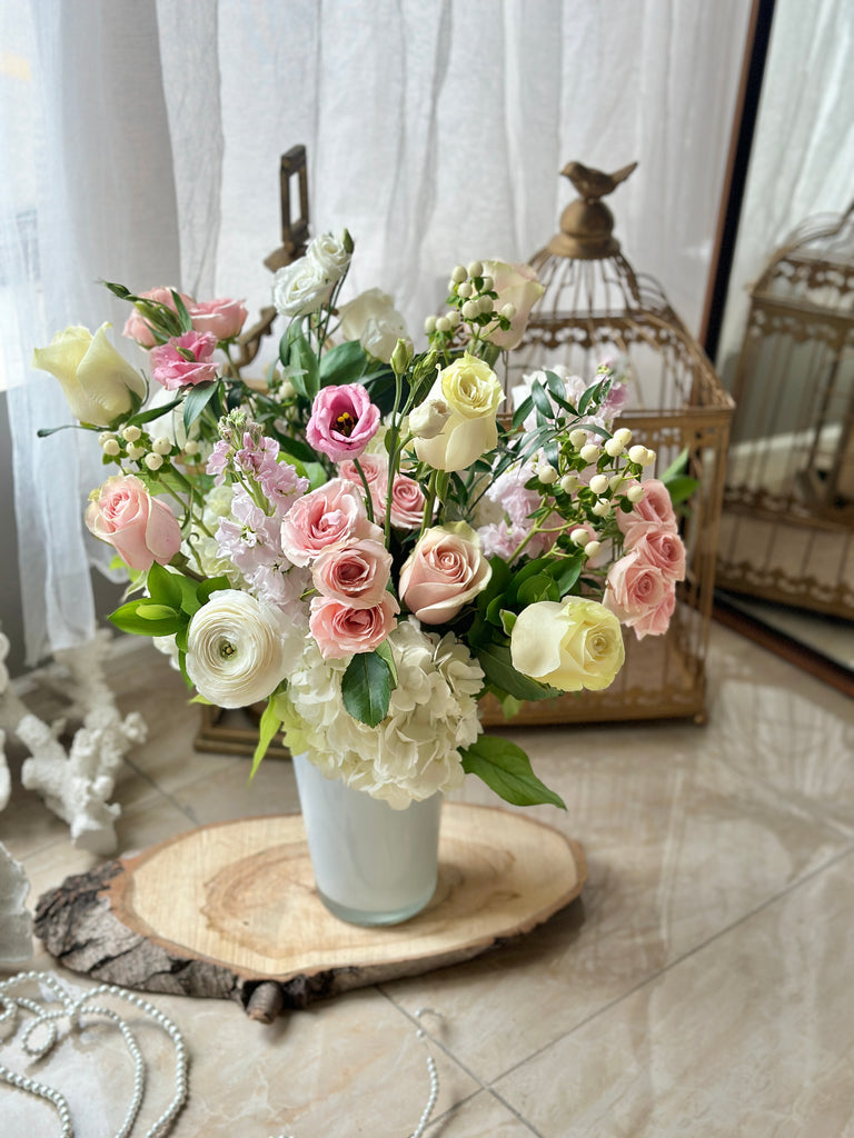 white & pink tall arrangement delivery
