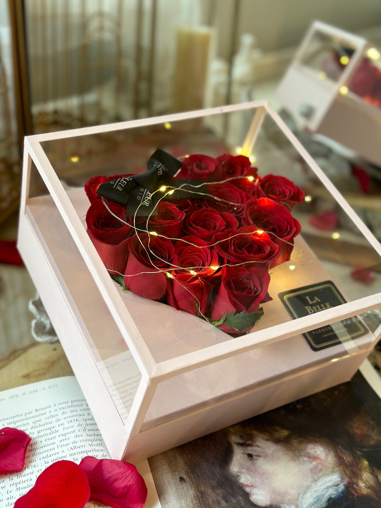 Heart shaped red rose flower box with lighting