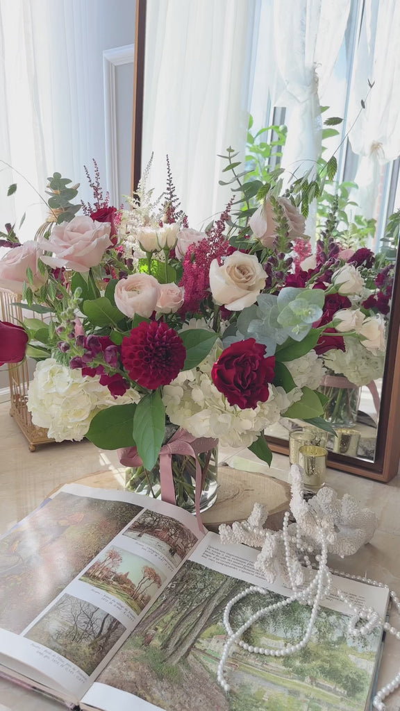 white burgundy blush flower arrangement video