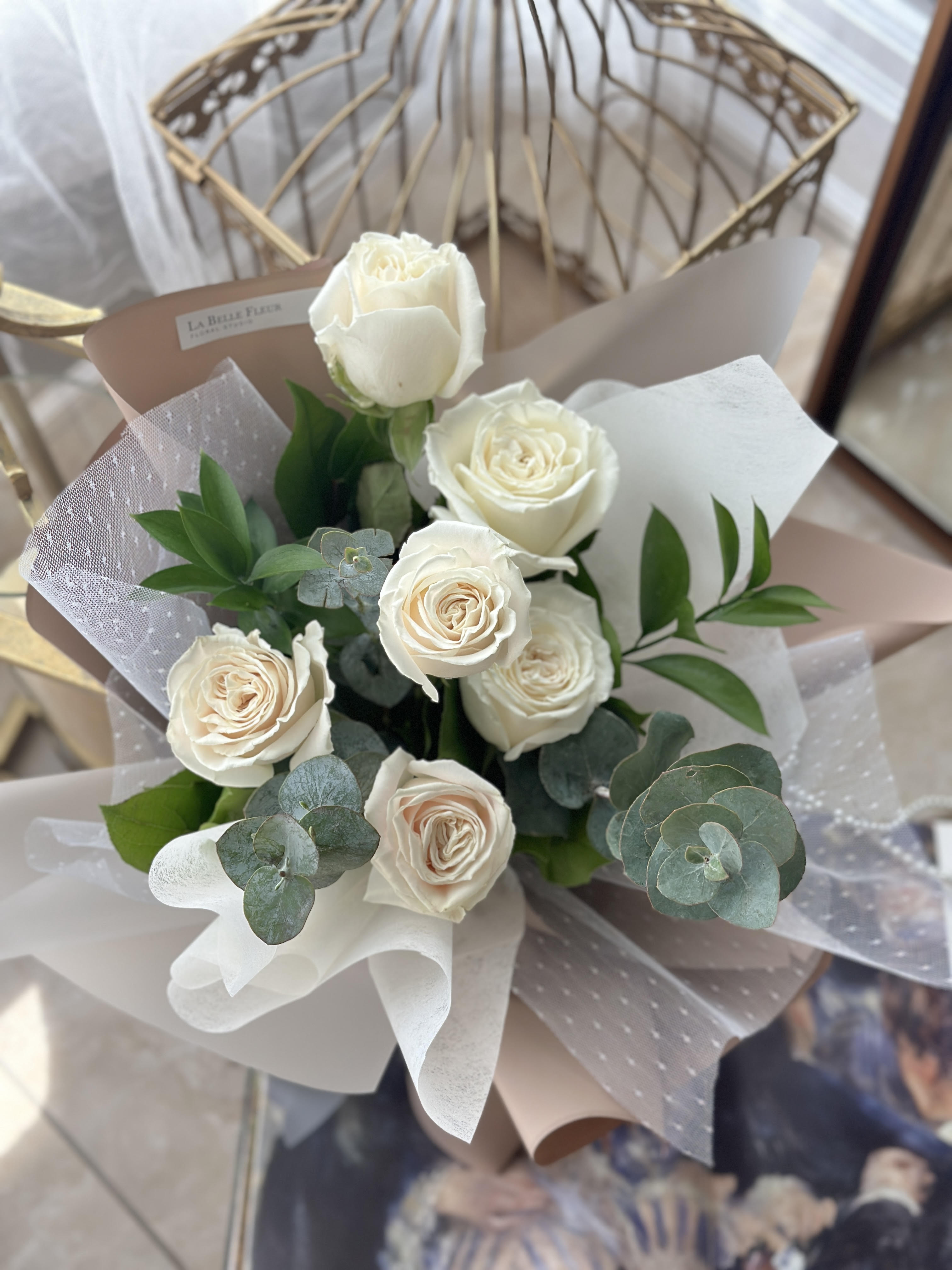 Elegant White Rose Flower Bouquet, La Belle Fleur