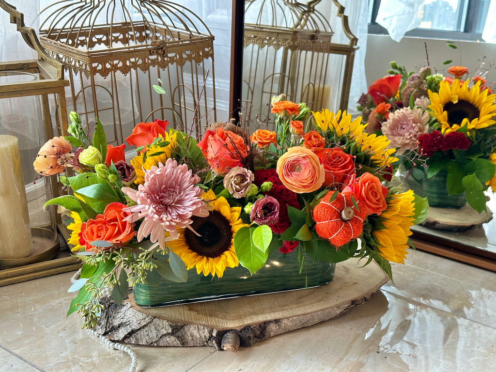 Wide-angle shot of the Autumn Beauty Sunflower Thanksgiving Centrepiece by La Belle Fleur