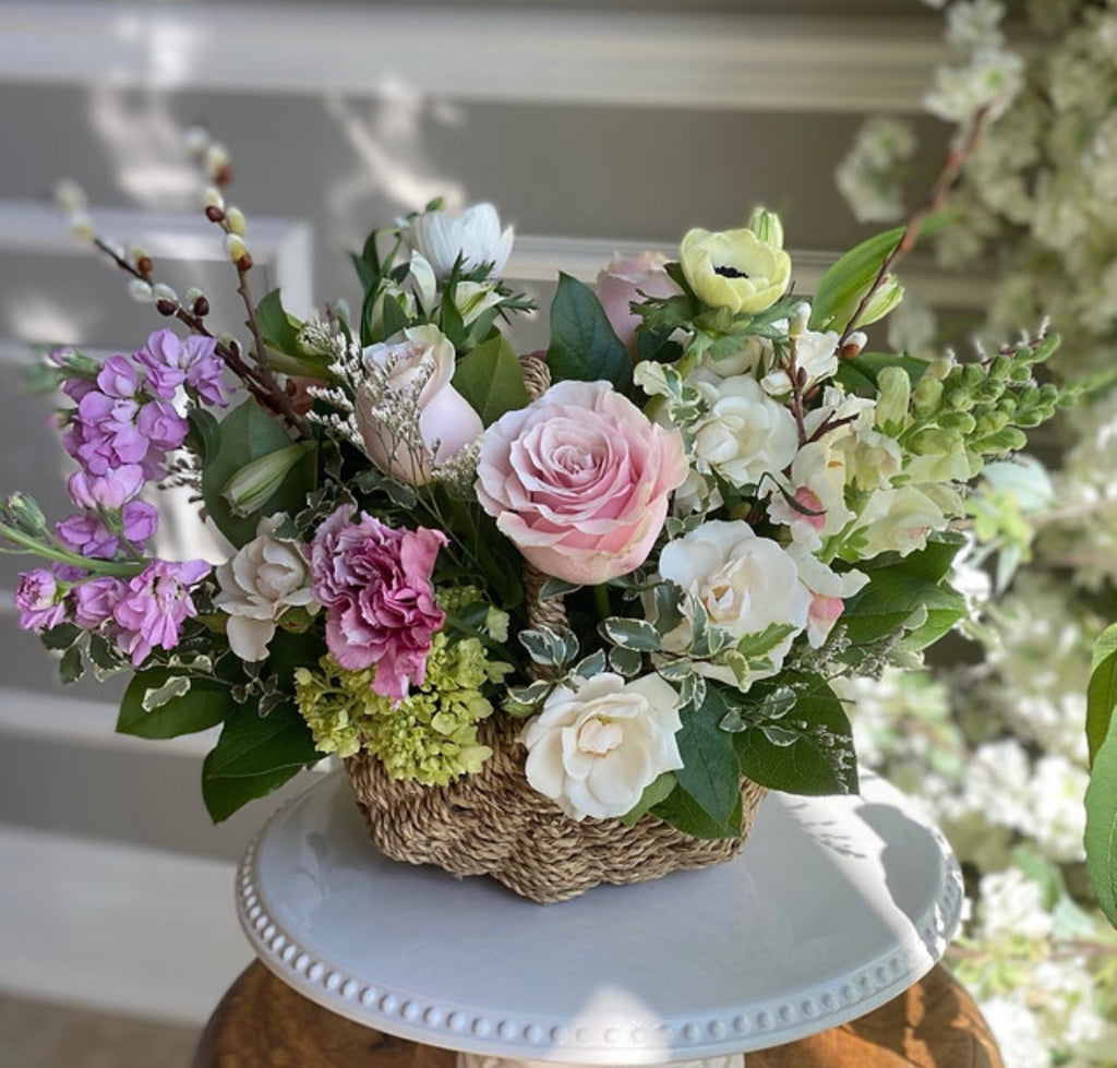White and pink flower basket