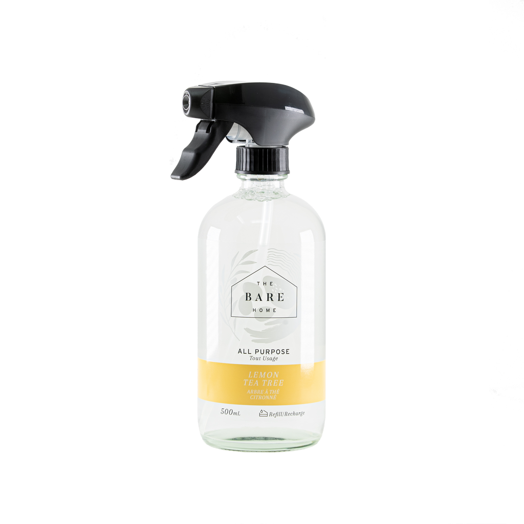 This image depicts The Bare Home All-Purpose Cleaner (Lemon Tea Tree), an eco-sustainable natural cleaning product safe for you, your home and the earth. Refreshing scent of Lemon Tea Tree, perfect for all surfaces. No rinse required. 500ml Glass Refillable Bottle.