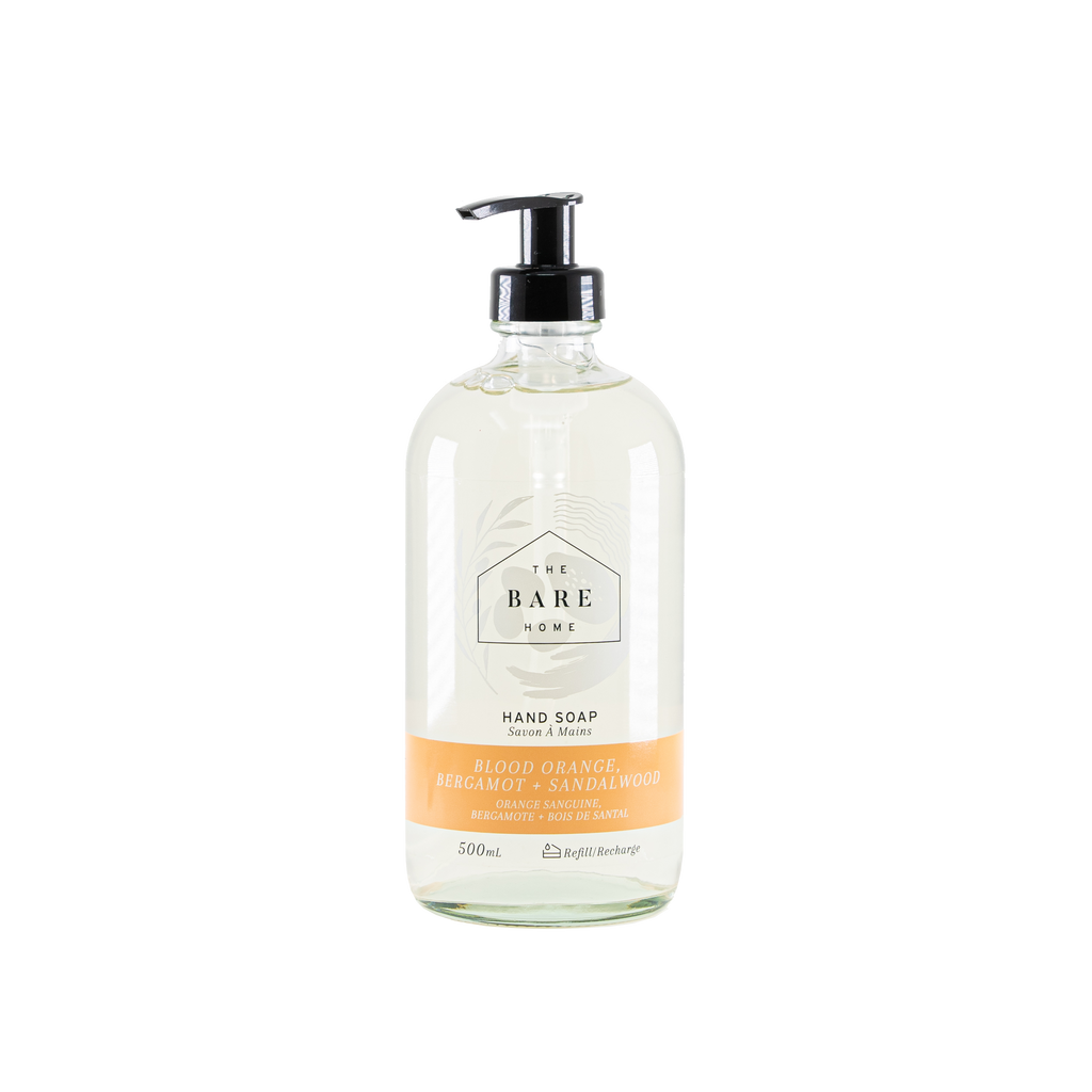 This image depicts Bare Home's Hand Soap, an eco-sustainable natural cleaning product that is safe for you, your home, and the earth. Plant-powered goodness leaves hands feeling fresh and clean, never dry. Scented with organic essential oils.