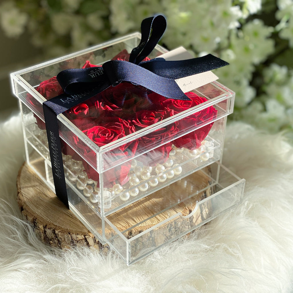 Red 9 preserved roses in acrylic box