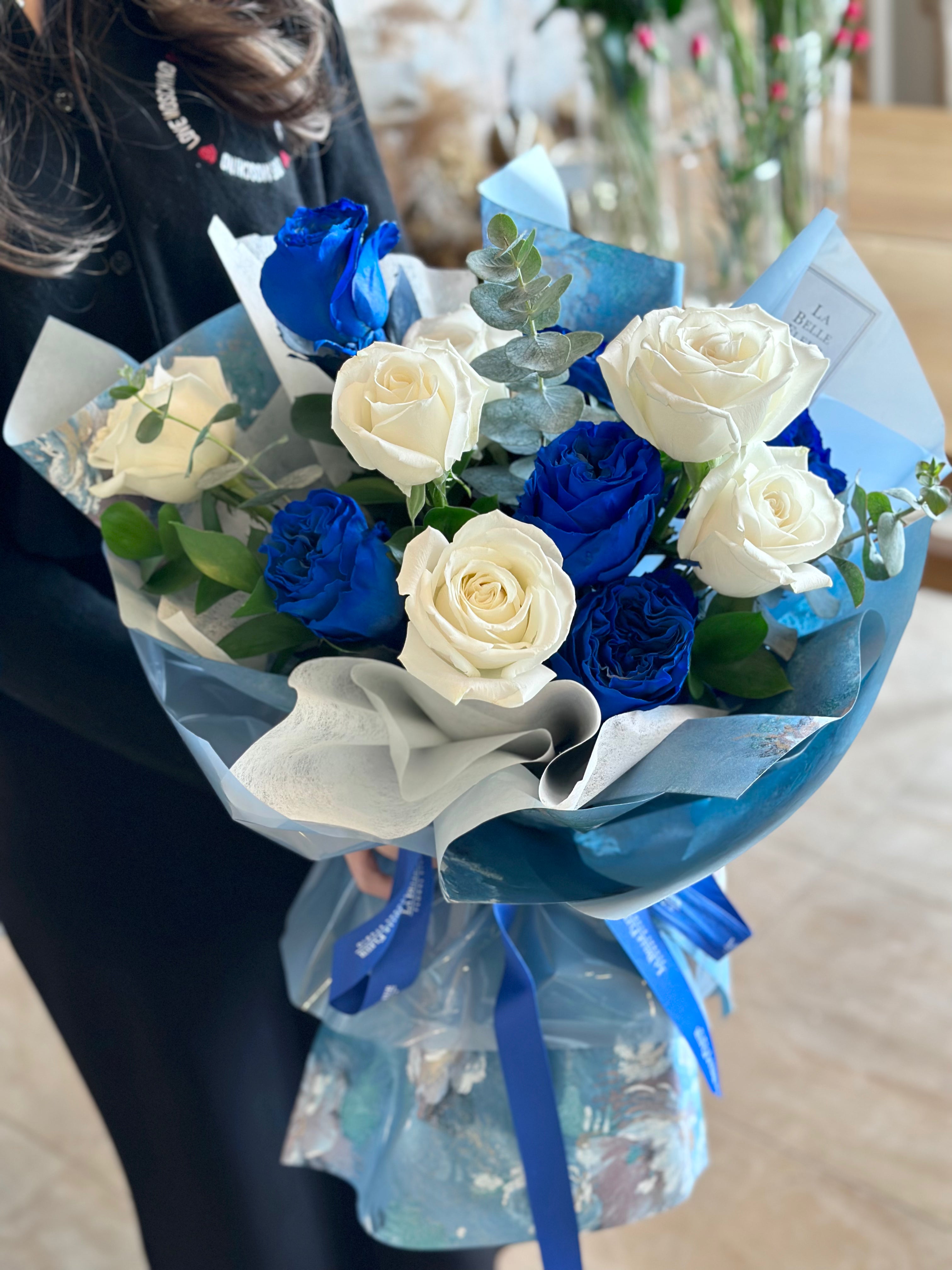Blue Sapphire Blue White Rose Bouquet